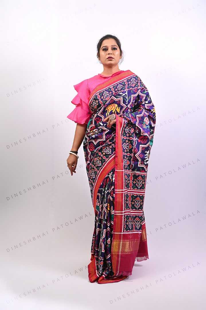 Navy Blue With Pink Combination Double Ikkat Patola Saree_1