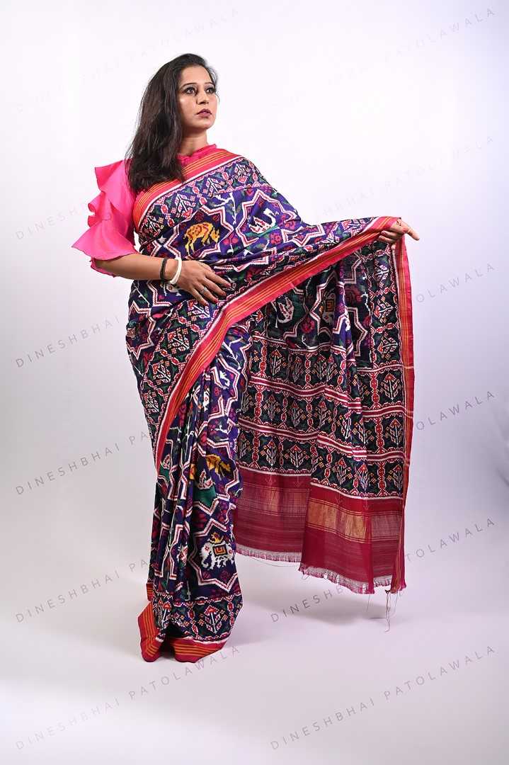 Navy Blue With Pink Combination Double Ikkat Patola Saree_1