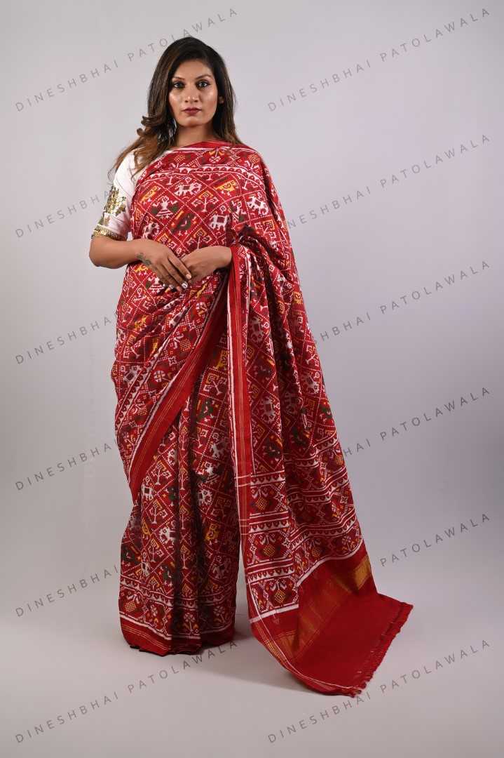 Red Narikunjar Design Double Ikkat Patola Saree_1