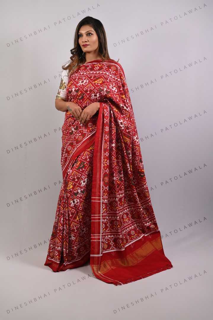 Red Narikunjar Design Double Ikkat Patola Saree_1