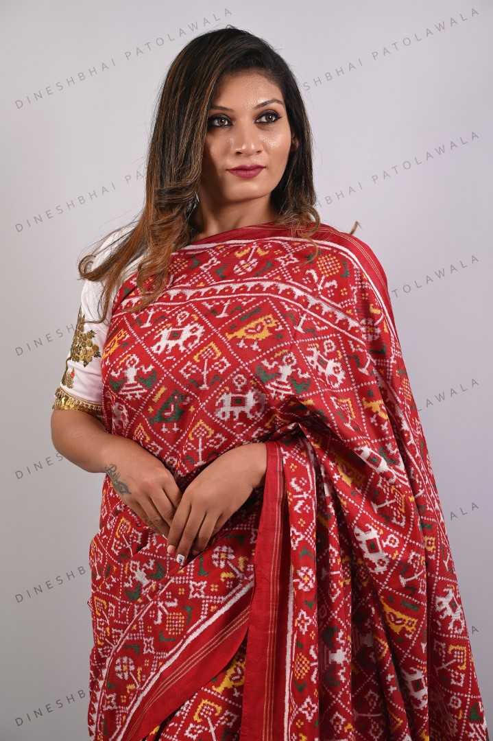 Red Narikunjar Design Double Ikkat Patola Saree_1