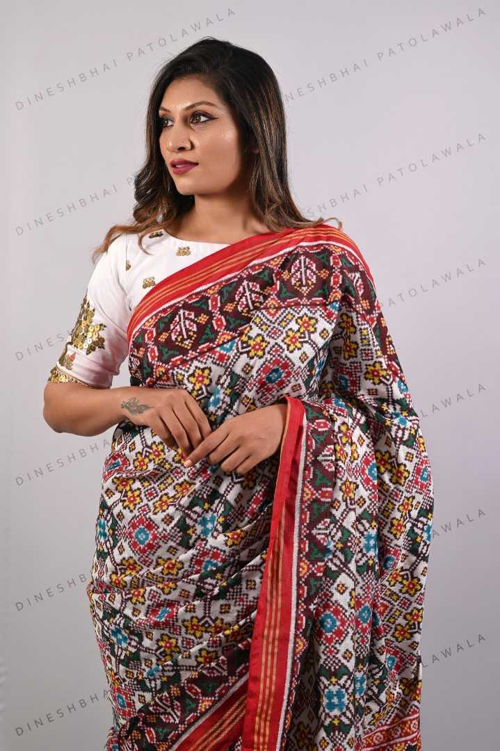 White Navratna Red Double Ikkat Patola Saree_1