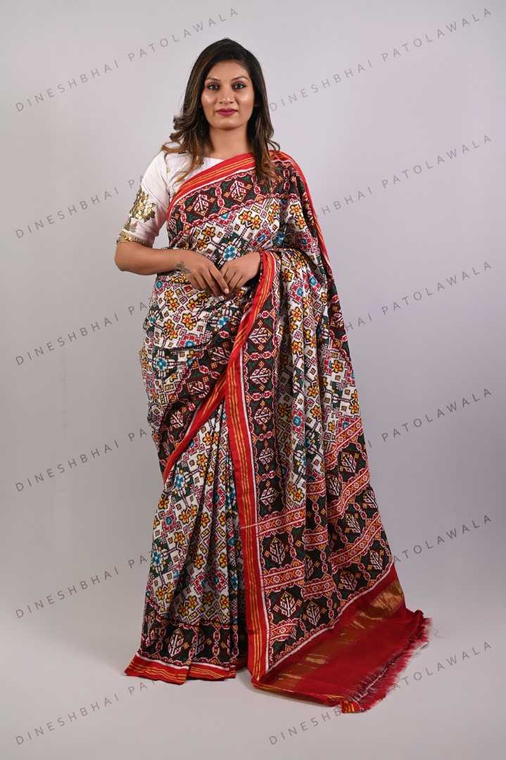 White Navratna Red Double Ikkat Patola Saree_1