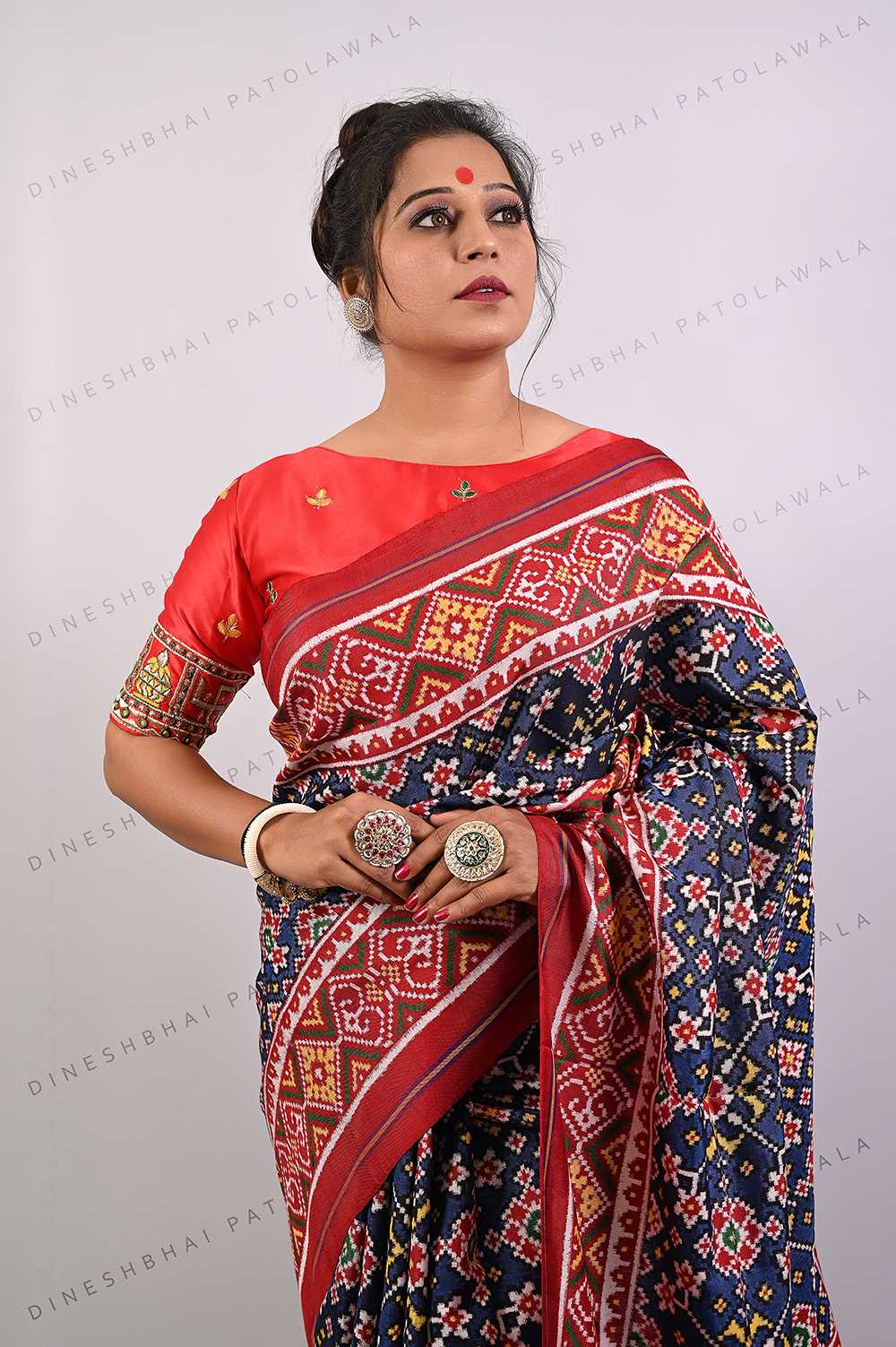 Blue Red Navratna Design Double Ikkat Patola Saree_1