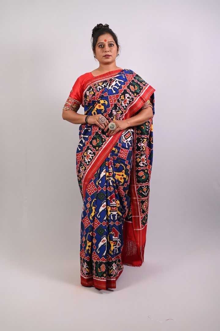 Blue Red 2 Motif Double Ikkat Patola Saree_2