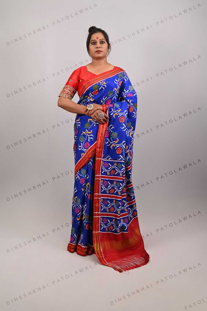 Blue Floral Design Double Ikkat Patola Saree_1