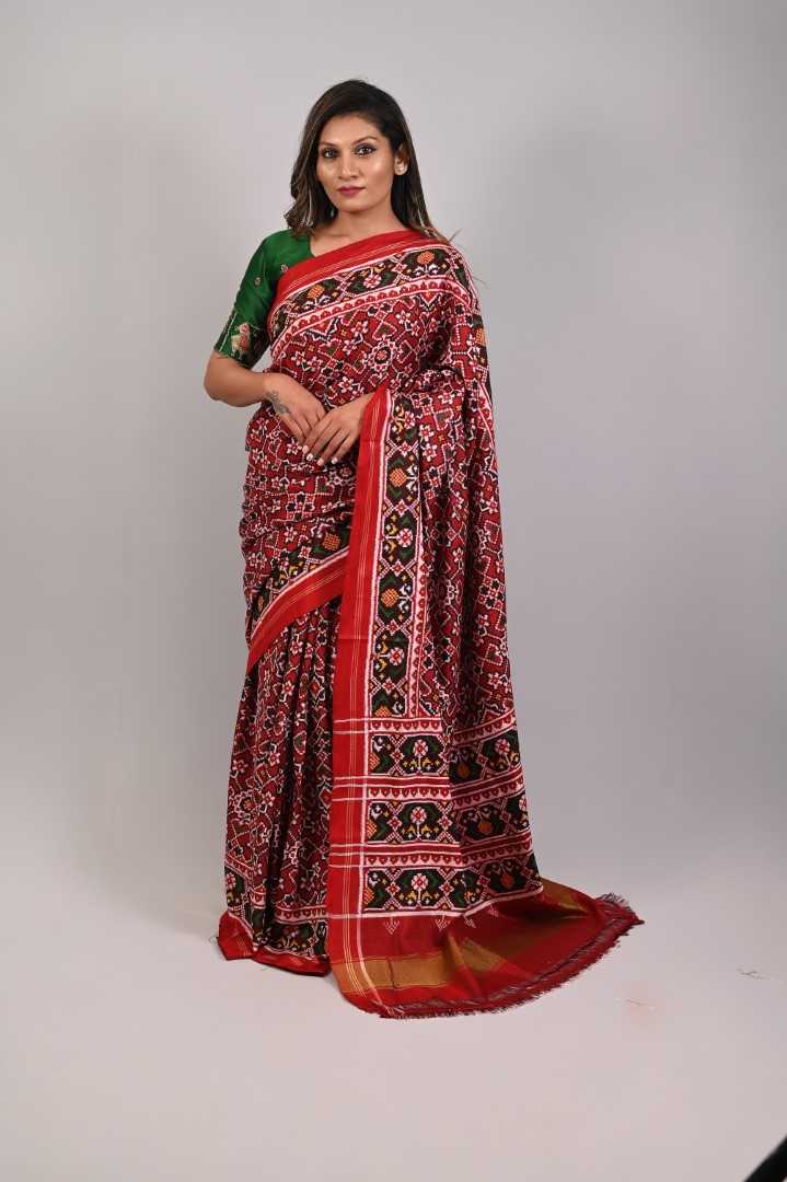 Red Manek Chowk Navratna Design Double Ikkat Patola Saree_1