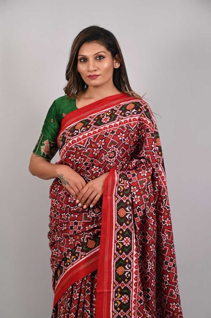 Red Manek Chowk Navratna Design Double Ikkat Patola Saree_1