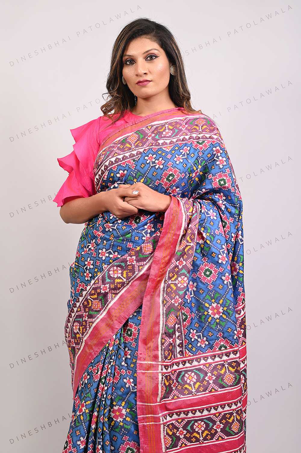 Light Blue With Pink Color Navratna Pattern Double Ikkat Patola Saree_1